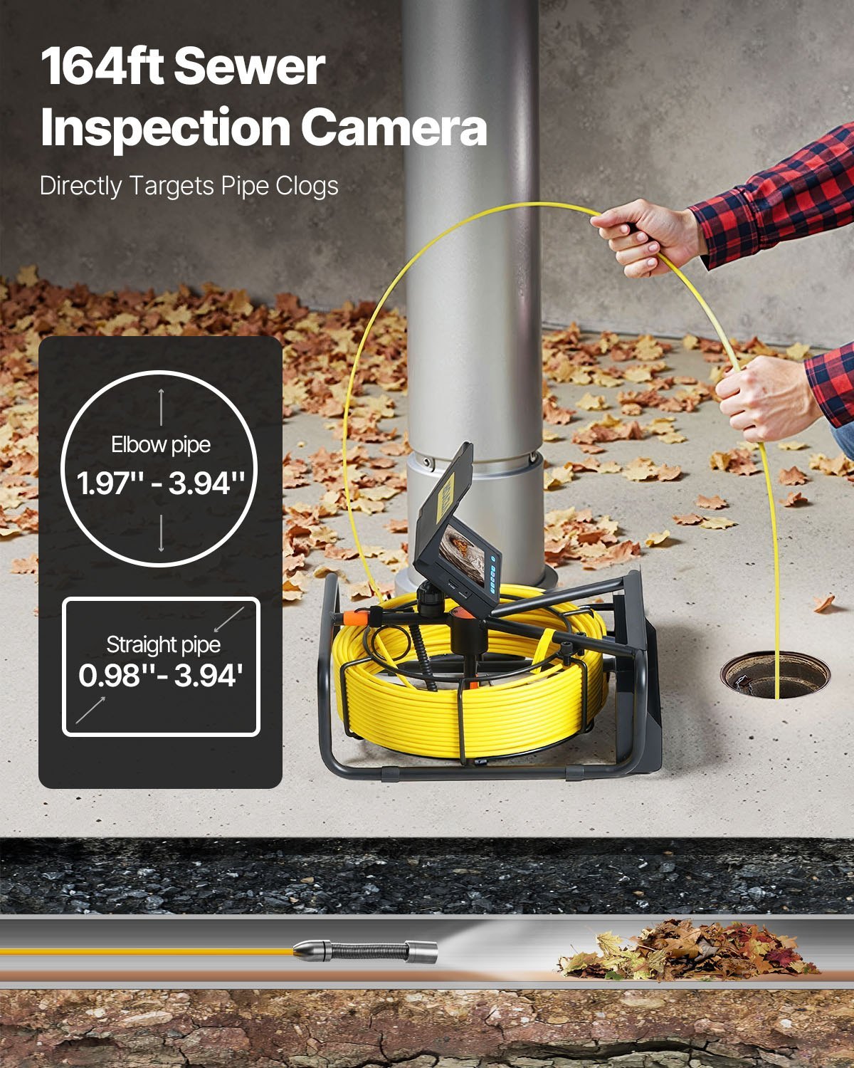 Sewer Camera, Pipe Drain Inspection Camera With DVR Function And LED Lights, Waterproof IP68 Borescope, Industrial Endoscope For Home Wall Duct Drain Pipe Plumbing  Without Wheels