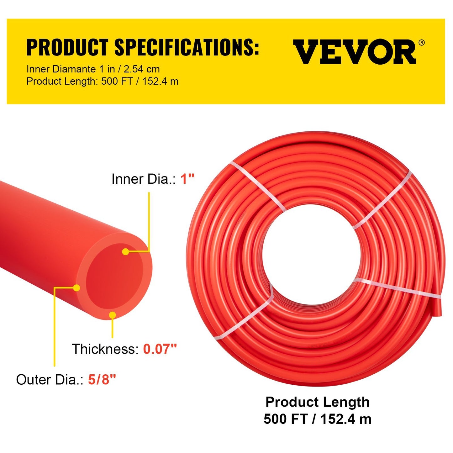 PEX Pipe, 1 Inch X 500 FT PEX Tubing, Non Oxygen Barrier Red PEX-B Pipe, Flexible PEX Water Line For RV Sewer Hose, Plumbing, Radiant Heating